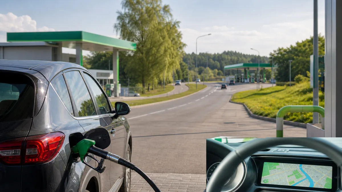 Automobilis degalinėje Lietuvos pakraštyje, iliustruojantis gegužės 25 d. mažesnes kuro kainas