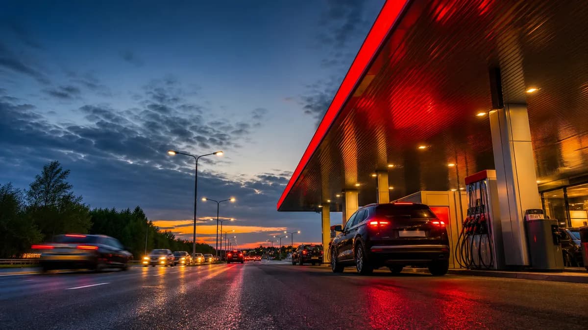 Automobilis vakarinėje degalinėje, iliustruojantis gegužės 26 d. degalų kainų šuolį