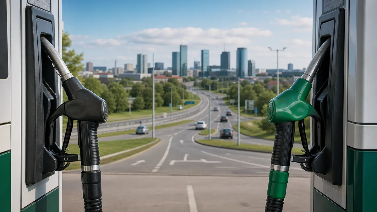 Du kuro pistoletai degalinėje, iliustruojantys gegužės 19–25 d. benzino ir dyzelino palyginimą