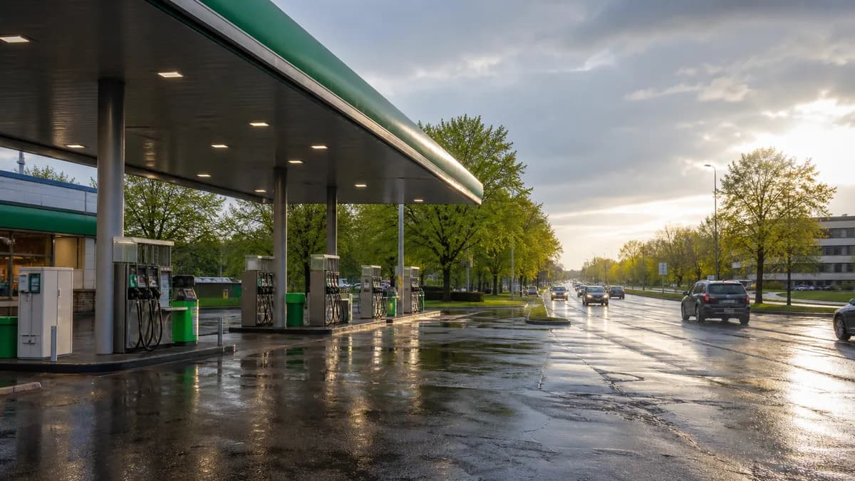 Degalinė prie šlapio kelio, iliustruojanti gegužės 25–31 d. kainų mažėjimą
