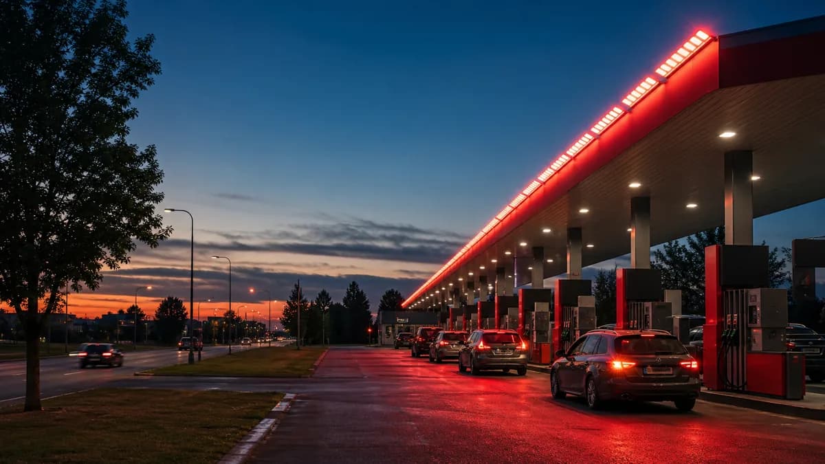 Degalinė Lietuvoje sutemus, iliustruojanti birželio 8–12 d. kainų šuolį