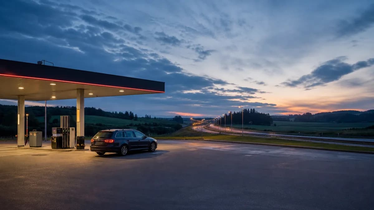 Moderni degalinė Lietuvoje vakare, iliustruojanti liepos 13–17 d. degalų kainų prognozę