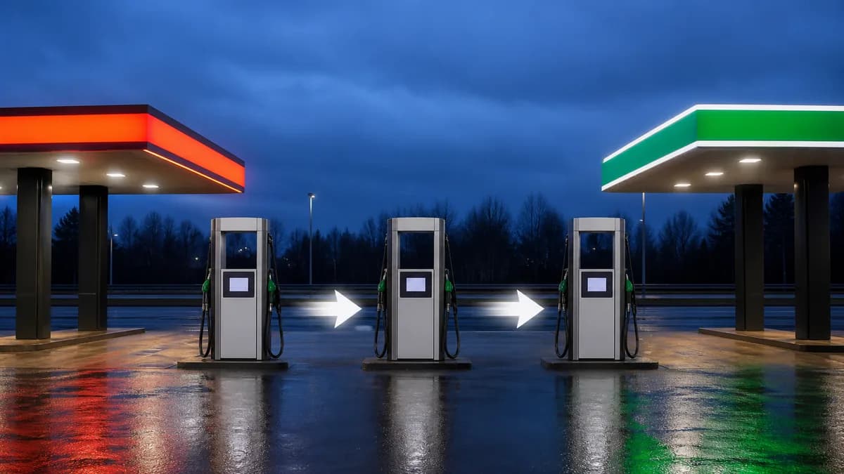 Trys automatinės degalų kolonėlės tarp raudonai oranžinio ir žaliai balto degalinių stogų, vaizduojančios stočių perėjimą kitam operatoriui