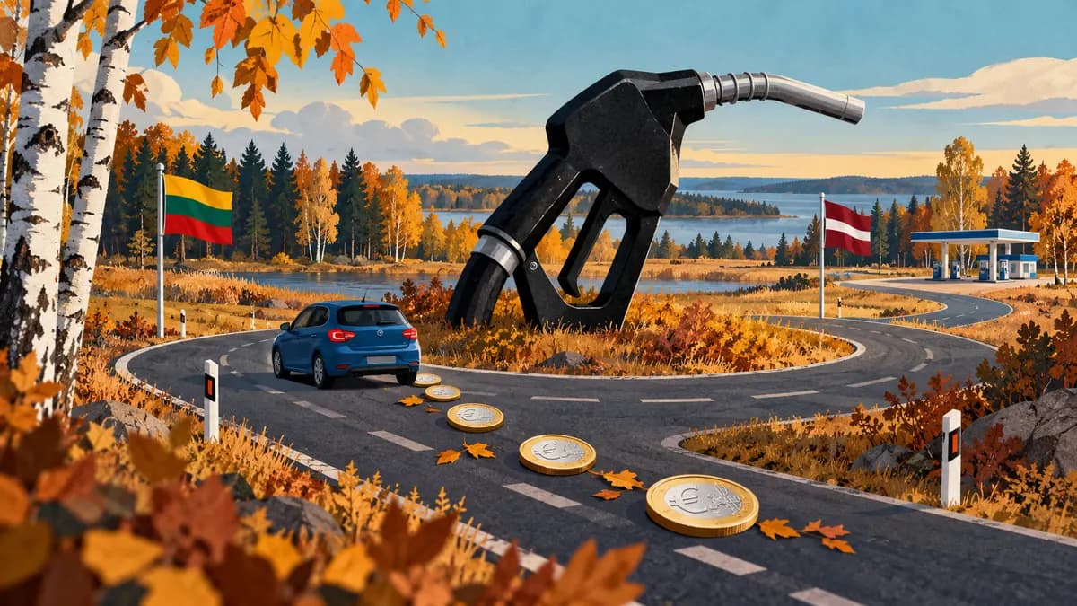 DI iliustracija: automobilis rudeniškame Lietuvos ir Latvijos kelyje, degalų pistoletas ir kelionės išlaidas simbolizuojančios monetos
