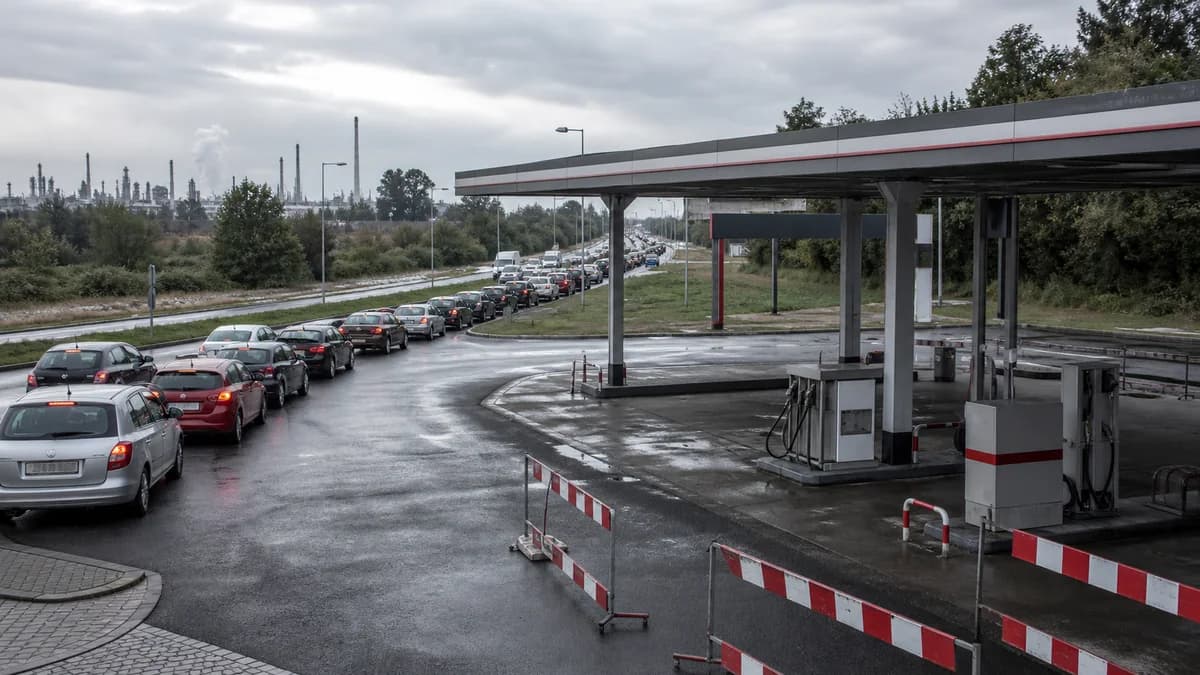 Ilga automobilių eilė prie iš dalies uždarytos degalinės šalia naftos perdirbimo gamyklos per Rusijos degalų krizę